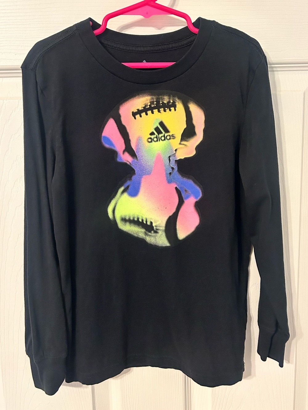 Boys, adidas, Black Long-Sleeve Tee with Neon Multicolor Football Graphic, 7